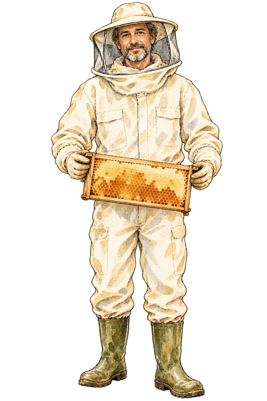 Le producteur Gerber en apiculteur, illustration aquarelle Gerber, Jura suisse