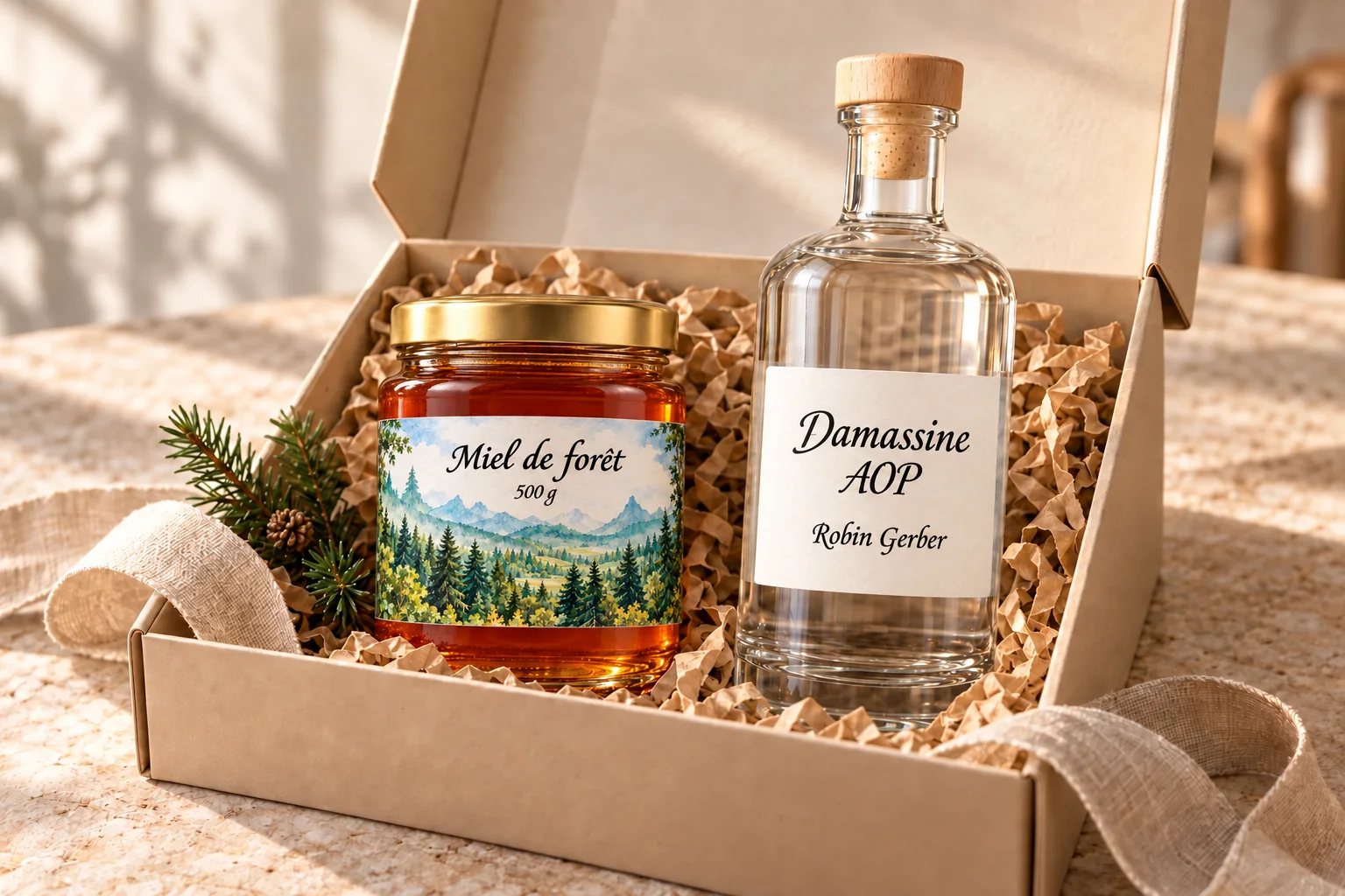 Coffret cadeau d’entreprise Robin Gerber avec un miel et une bouteille de Damassine AOP du Jura