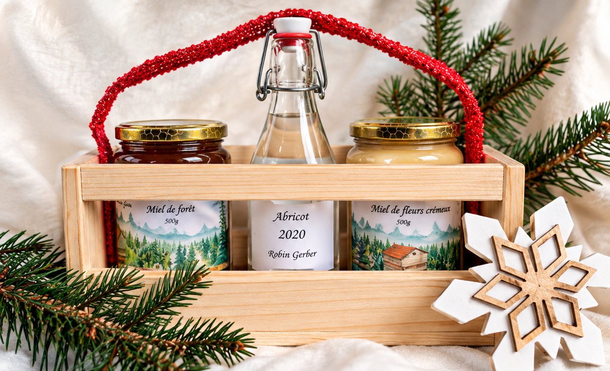 Coffret cadeau d’entreprise Signature Robin Gerber en bois : miel de forêt, eau-de-vie et miel de fleurs crémeux du Jura