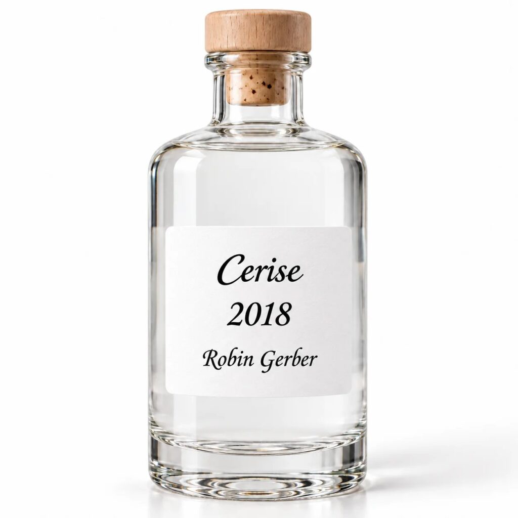 Bouteille d’eau-de-vie Cerise Robin Gerber avec son macaron rond, distillerie du Jura suisse