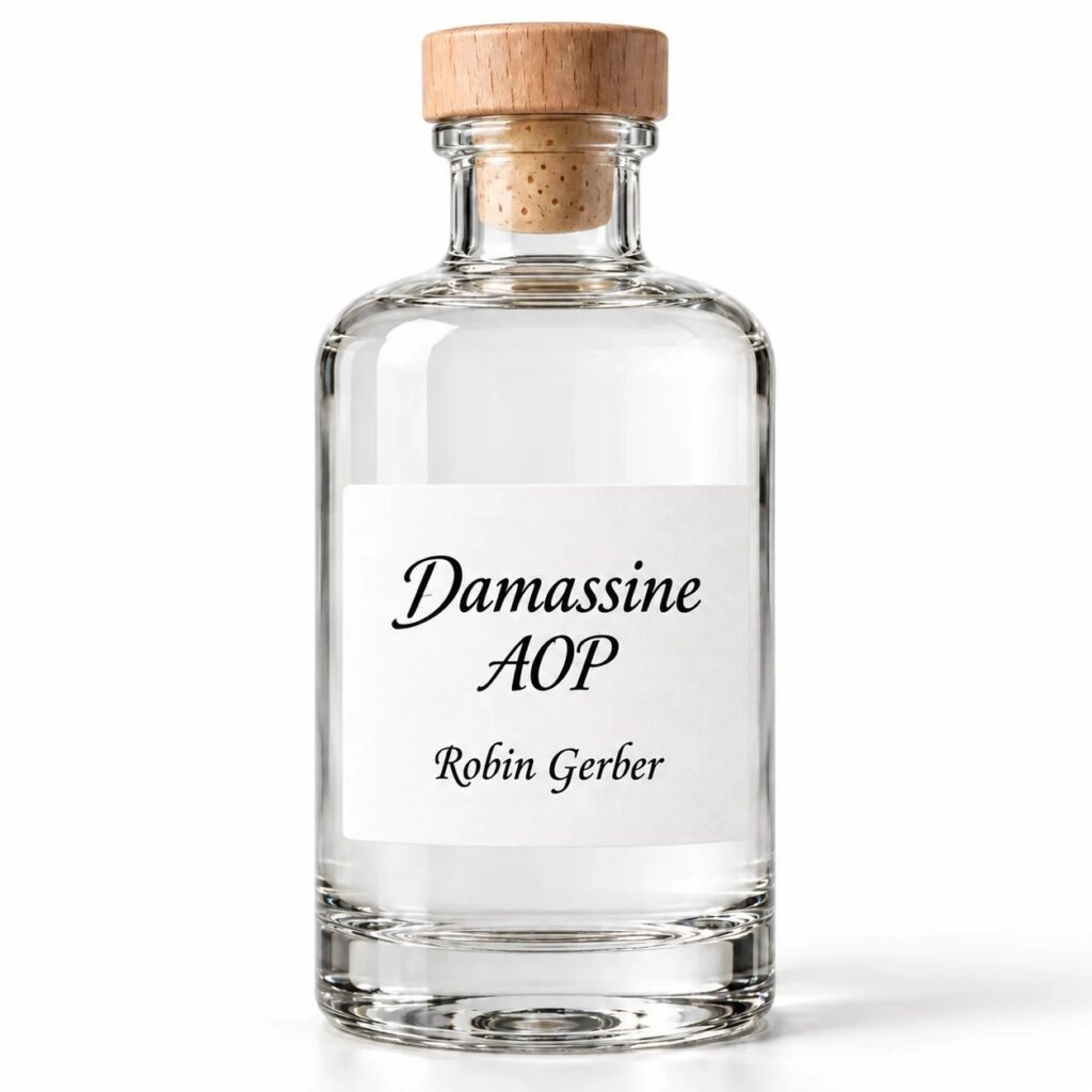Bouteille d’eau-de-vie Damassine AOP Robin Gerber avec son macaron rond, distillerie du Jura suisse