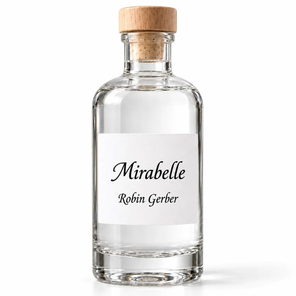 Bouteille d’eau-de-vie Mirabelle Robin Gerber avec son macaron rond, distillerie du Jura suisse