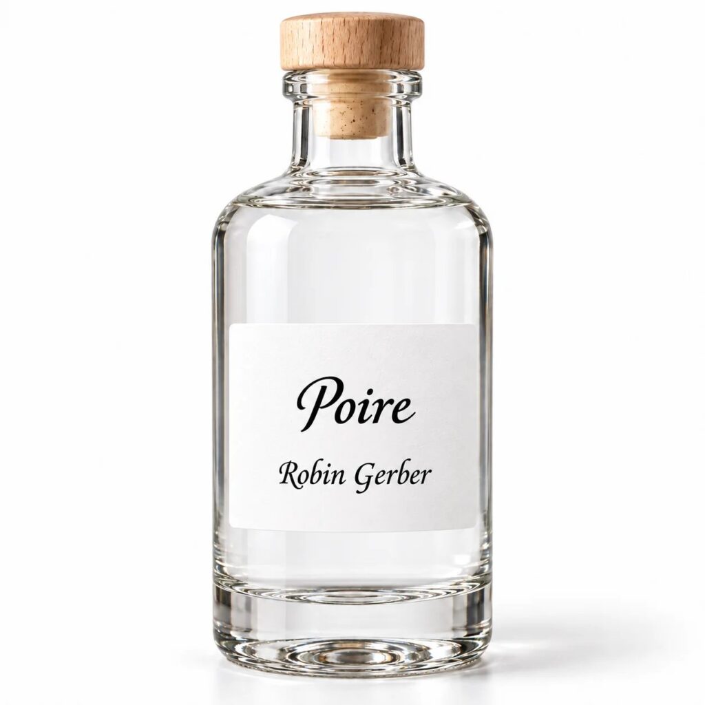Bouteille d’eau-de-vie Poire Robin Gerber avec son macaron rond, distillerie du Jura suisse