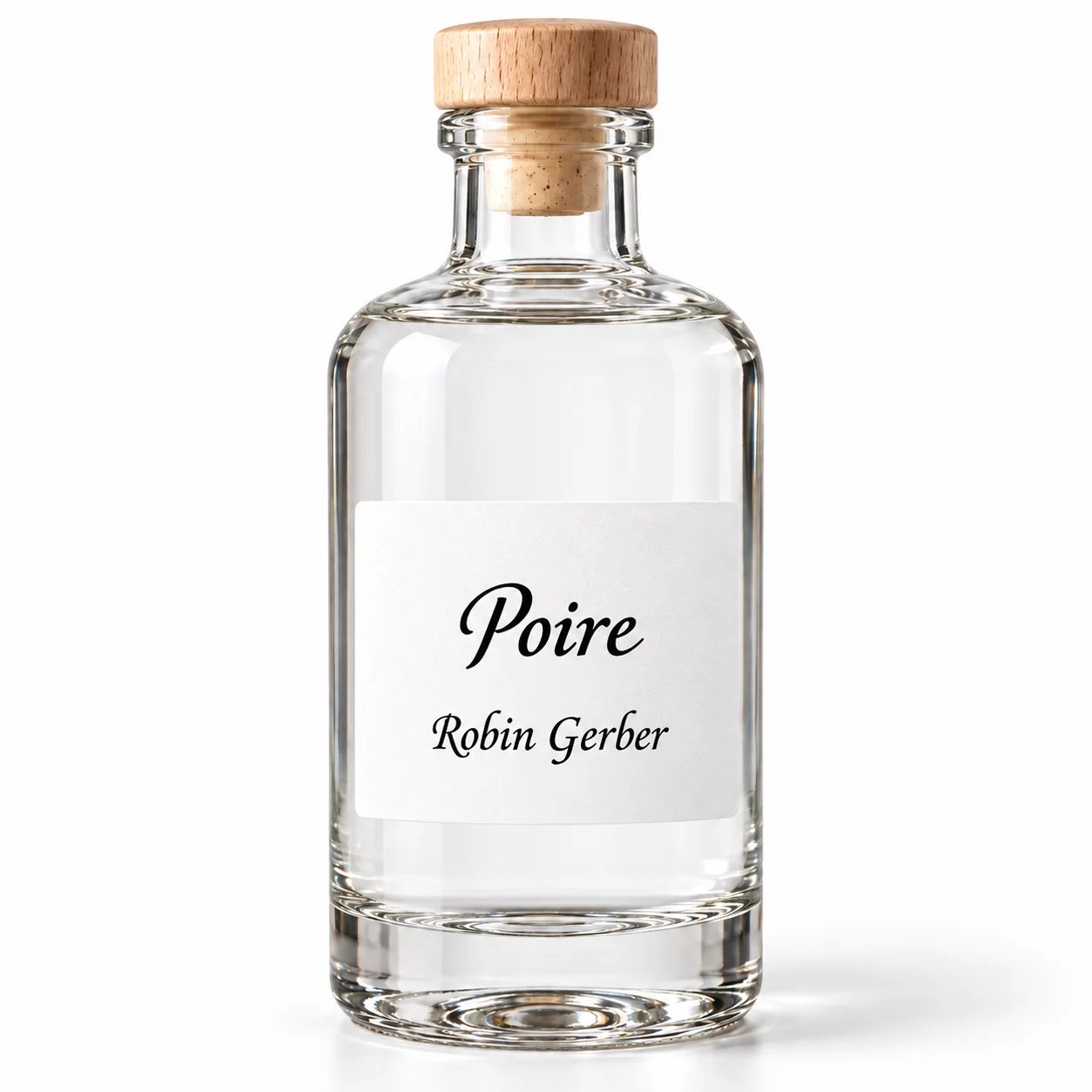 Bouteille d’eau-de-vie Poire Robin Gerber avec son macaron rond, distillerie du Jura suisse