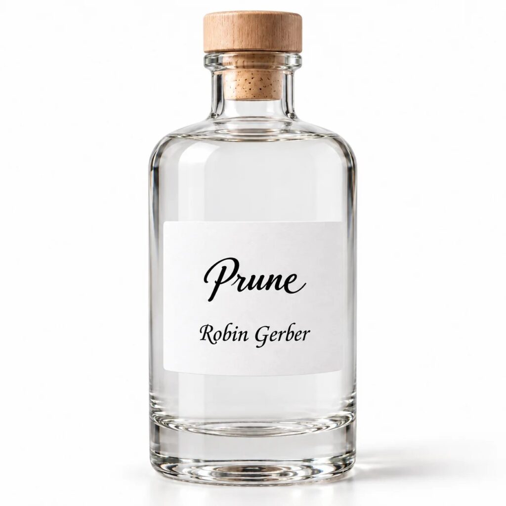 Bouteille d’eau-de-vie Prune Robin Gerber avec son macaron rond, distillerie du Jura suisse