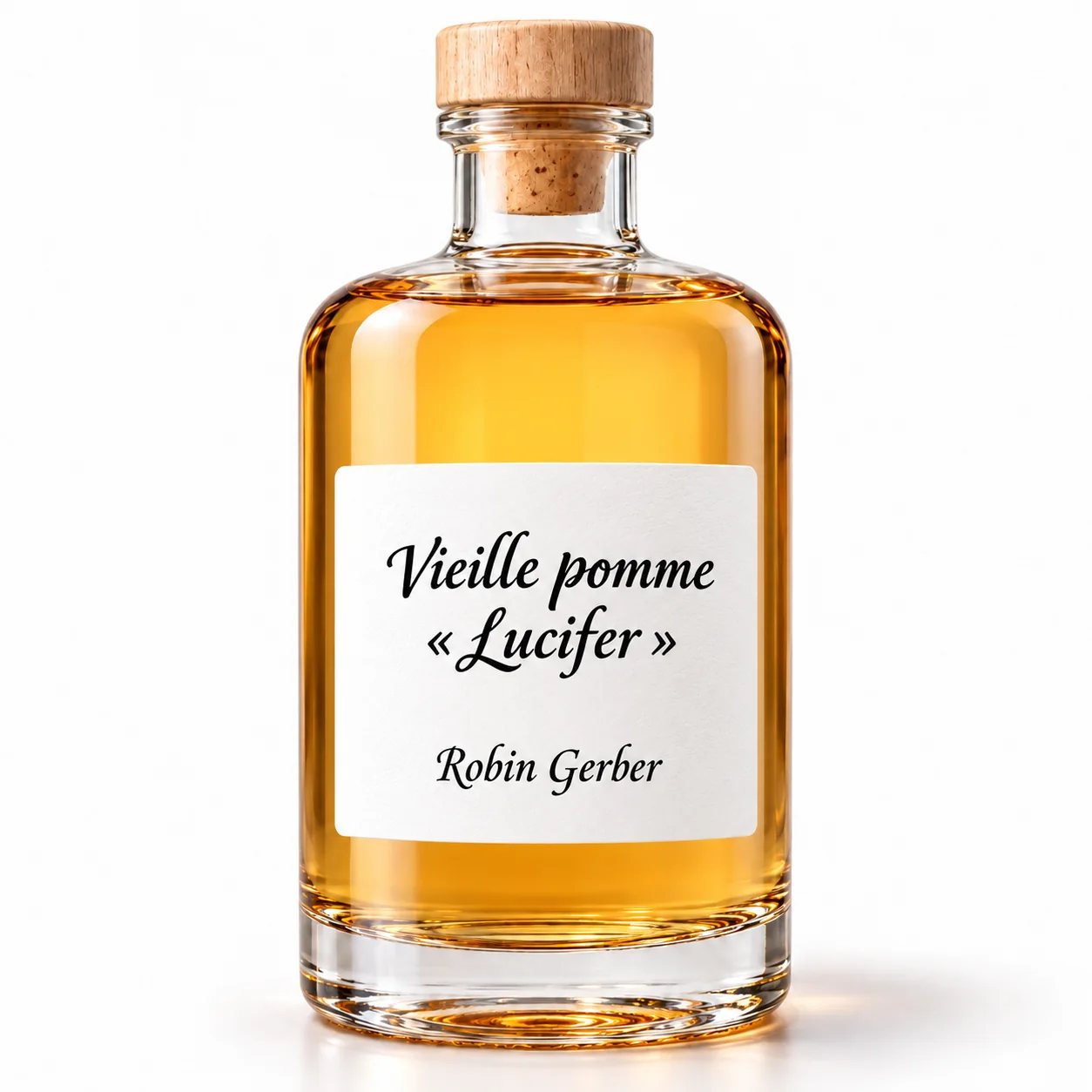 Bouteille d’eau-de-vie Vieille pomme « Lucifer » Robin Gerber avec son macaron rond, distillerie du Jura suisse