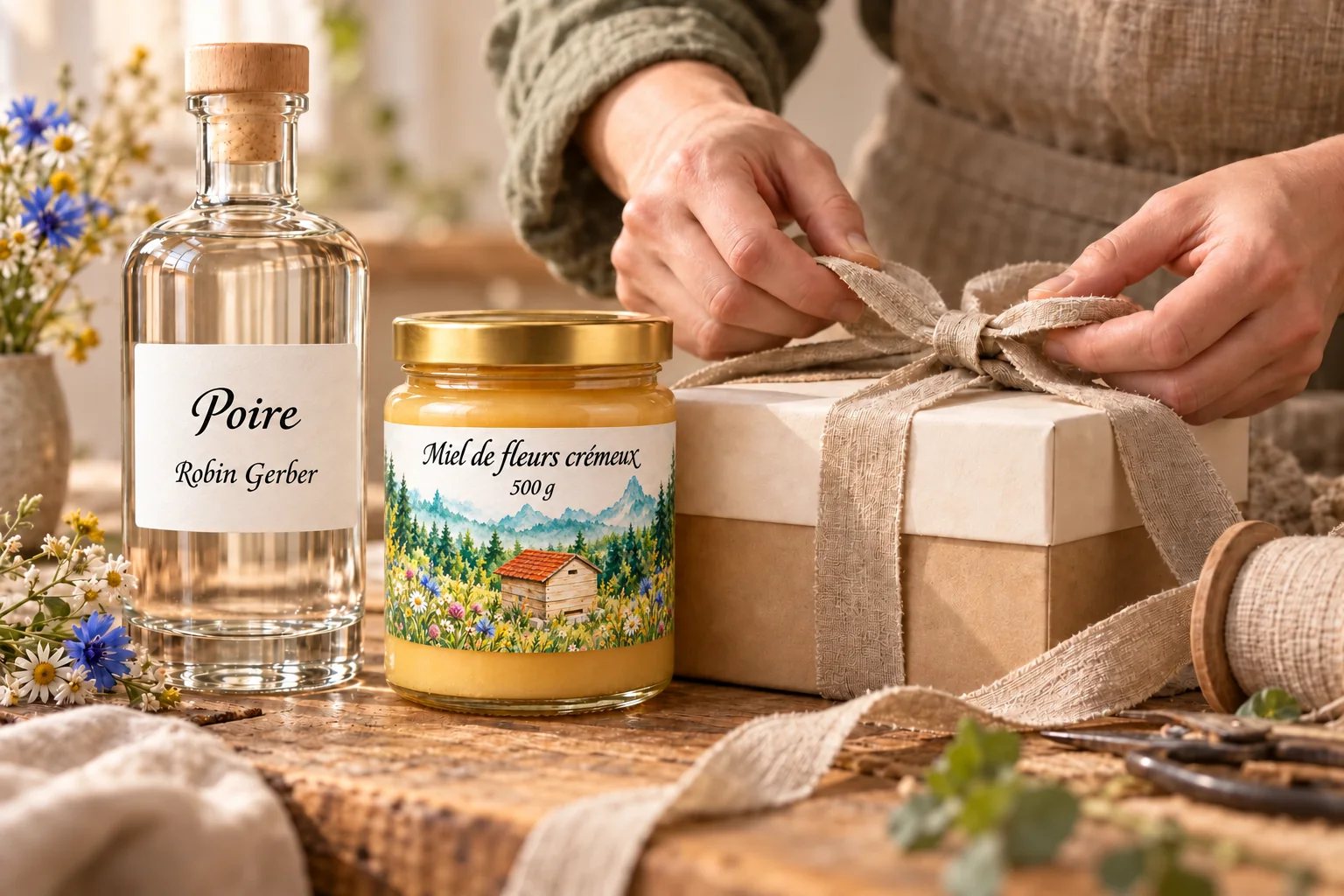 Des mains nouent un ruban autour d’un coffret cadeau Robin Gerber