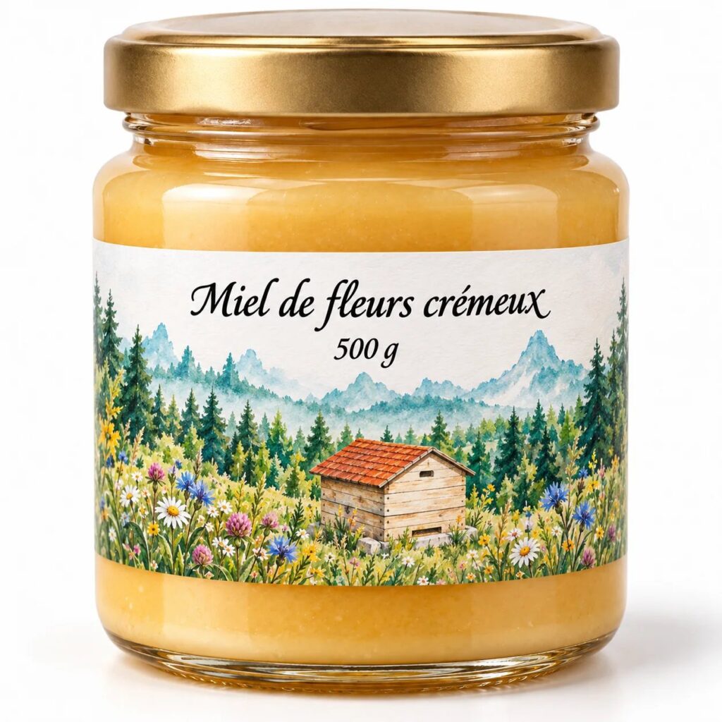 Pot de Miel de fleurs crémeux Robin Gerber avec son macaron rond, miel du Jura suisse