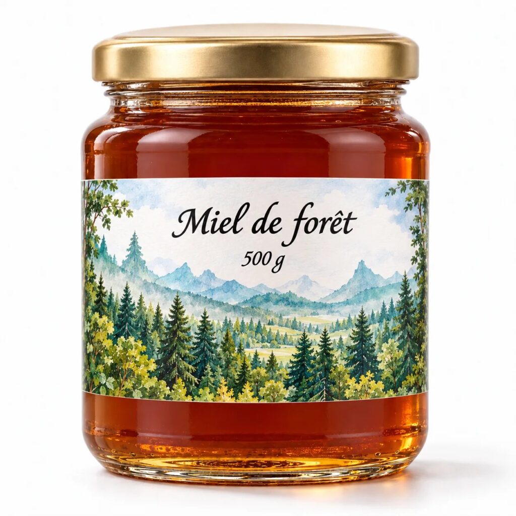 Pot de Miel de forêt Robin Gerber avec son macaron rond, miel du Jura suisse