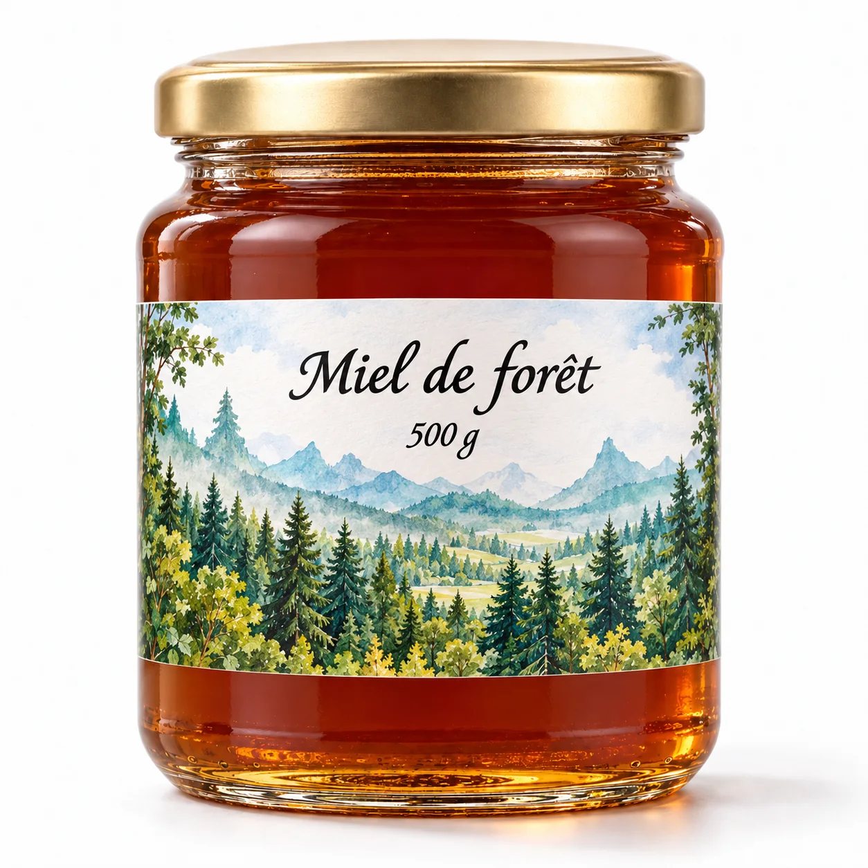 Pot de Miel de forêt Robin Gerber avec son macaron rond, miel du Jura suisse