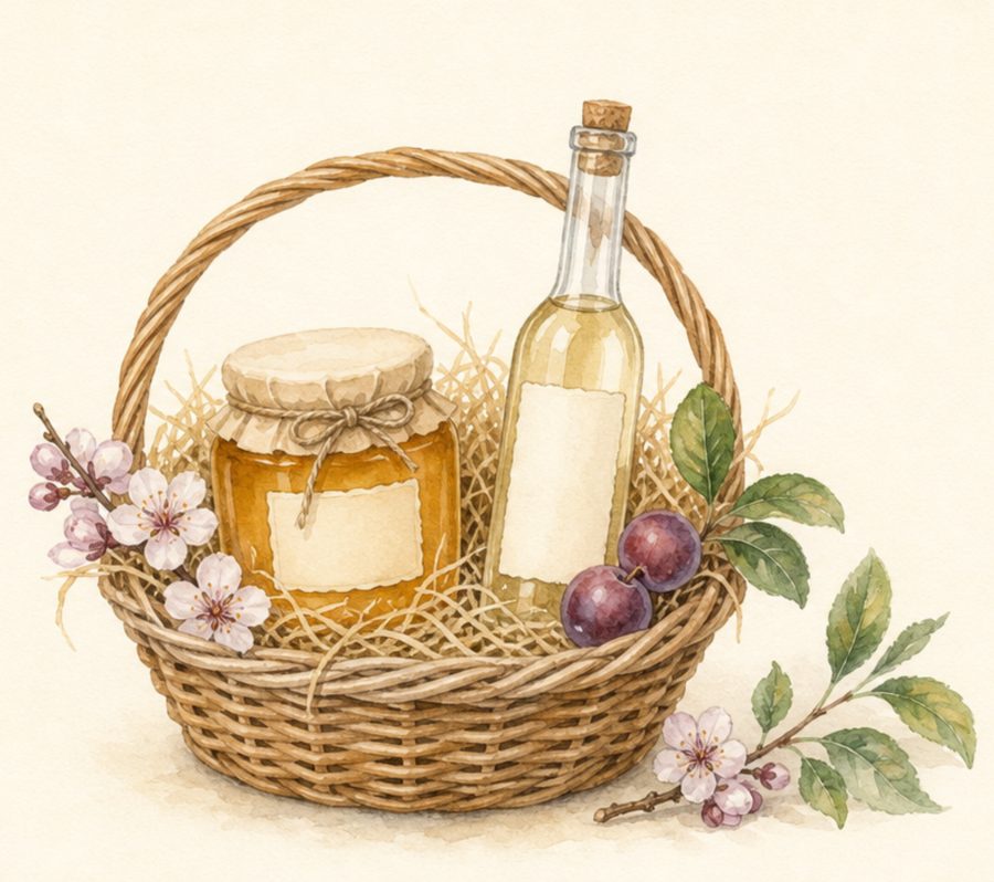 Coffret Duo Robin Gerber : panier en osier avec un pot de miel et une bouteille de goutte du Jura, illustration aquarelle