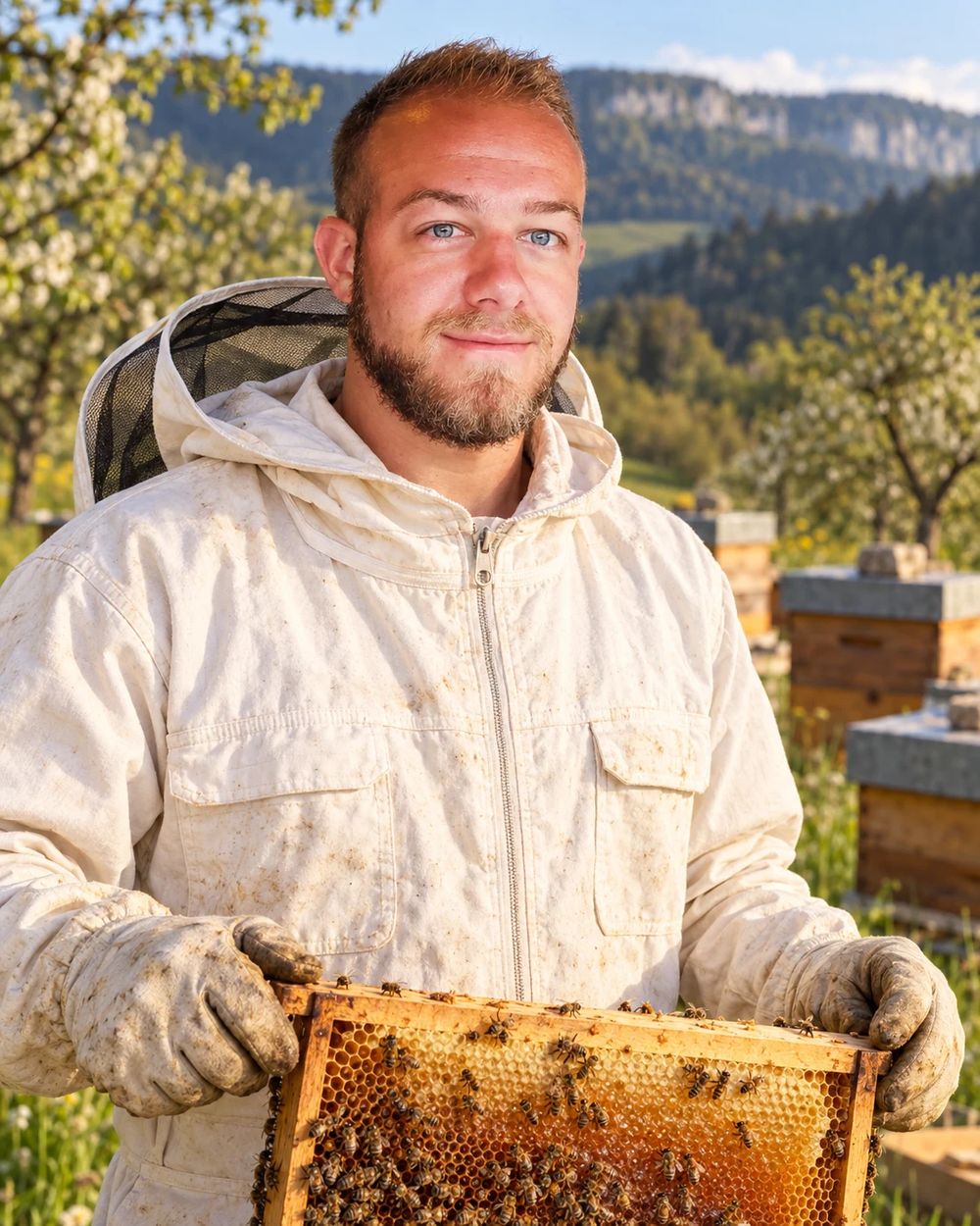 Le producteur Gerber au rucher, un cadre de miel dans les mains