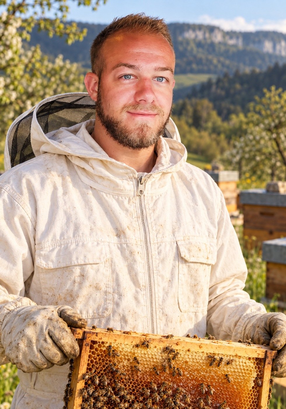 Robin Gerber, apiculteur, tenant un cadre de miel devant ses ruches dans le Jura