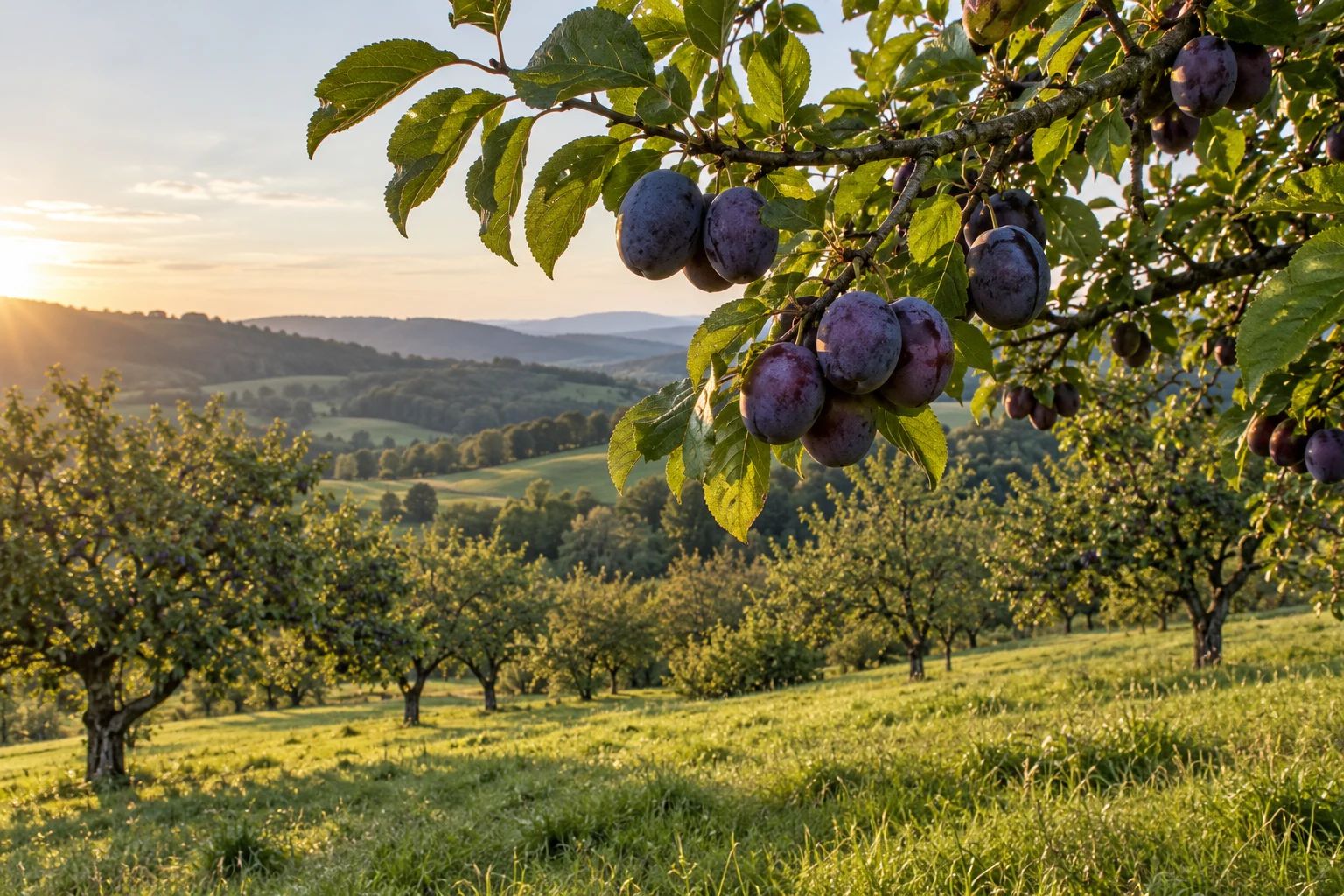 Prunes à maturité dans un verger, collines du Jura suisse en arrière-plan
